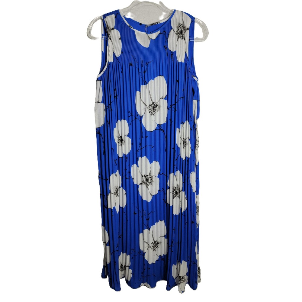 Black Label by Chico's Women 6 Pleated Midi Dress Blue White Floral Sleeveless
